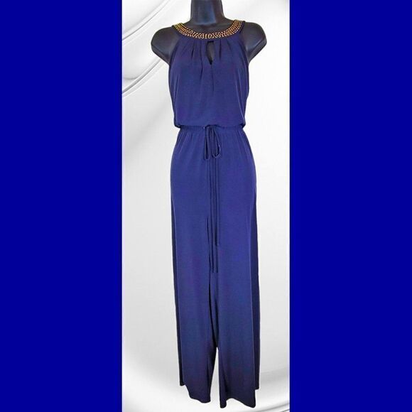 Shelby and Palmer navy blue gold accent Egyptian collar jumpsuit - Picture 1 of 5